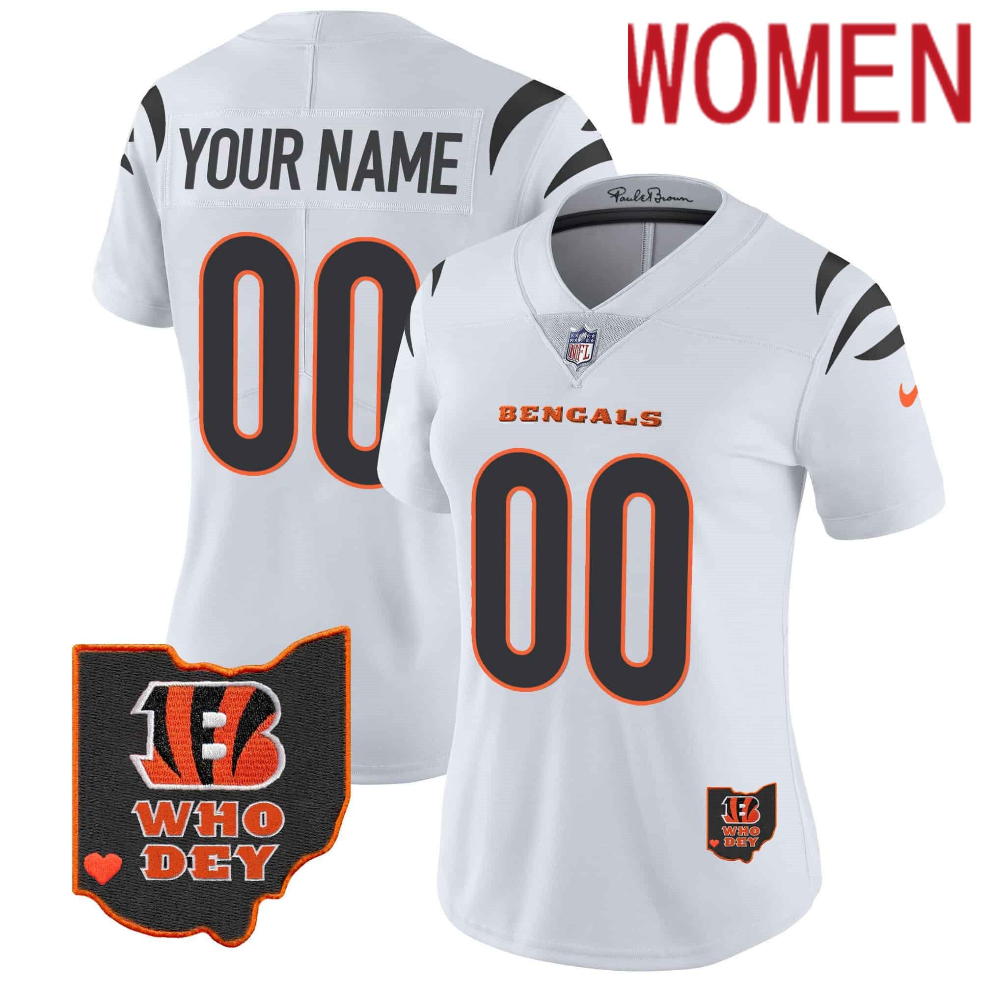 Women Cincinnati Bengals White 2024 Nike Patch Vapor Limited Custom NFL Jersey
